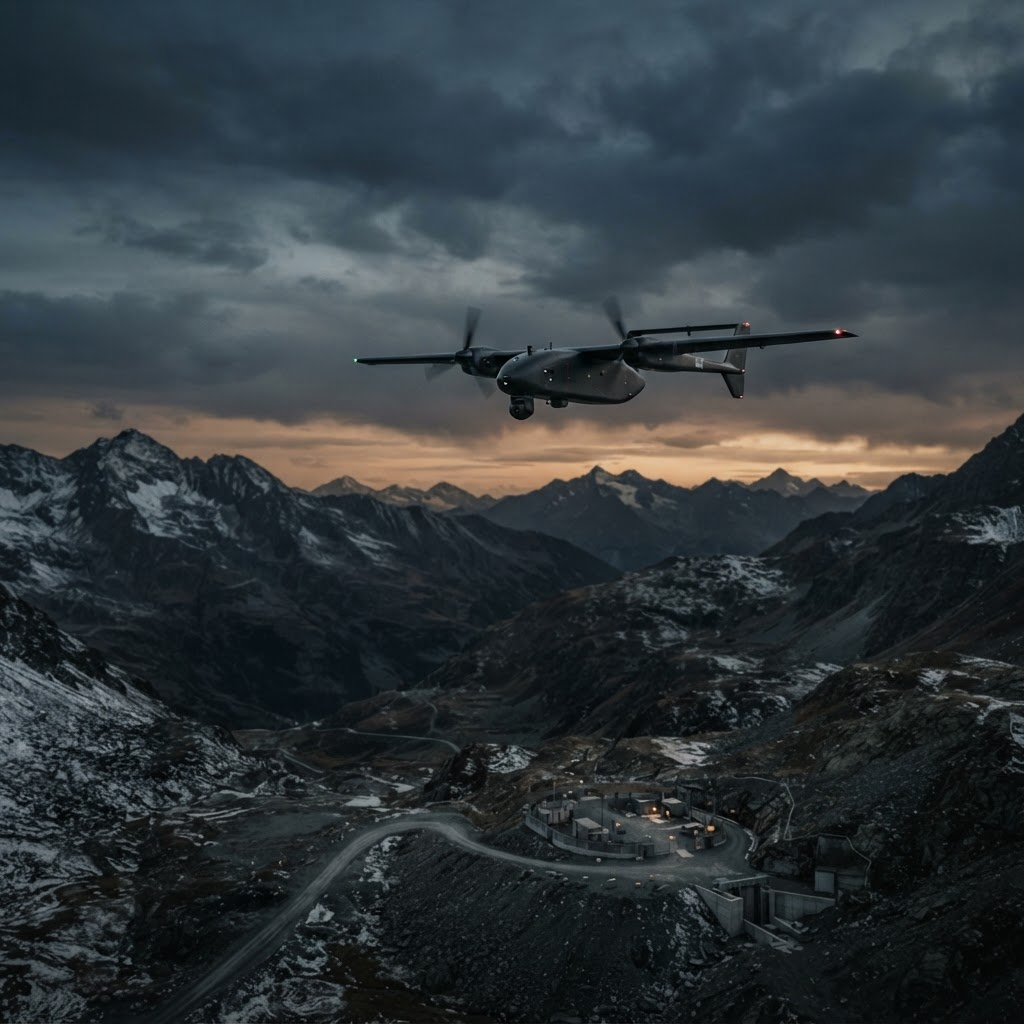 Autonomous VTOL drone in flight over remote alpine-industrial terrain at dusk